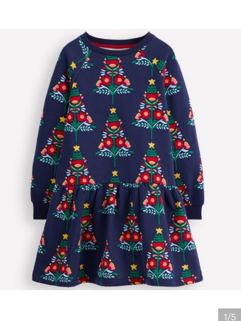 MINI BODEN Navy Christmas Trees Cosy Sweatshirt Dress Size 2-3 Yeats